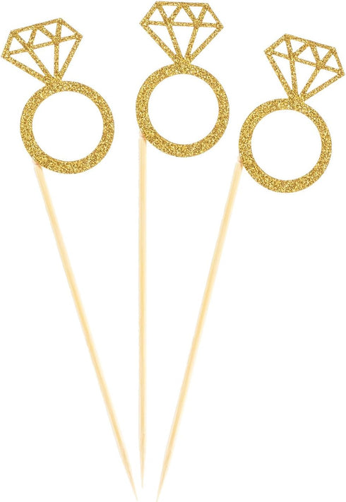 50 Pack Cupcake Toppers Gold Glitter Mini Diamond Ring Cakes Toppers for Marriage Engagement Anniversary Birthday Valentines Party Cake Decor...