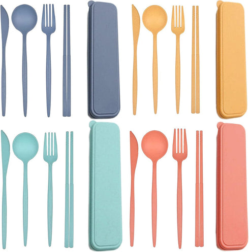 Plastic Travel Utensils, 4 Sets Camping Utensils Plastic Spoons and Forks Set Plastic Silverware, Portable Reusable Utensils Set with Case for Pic...