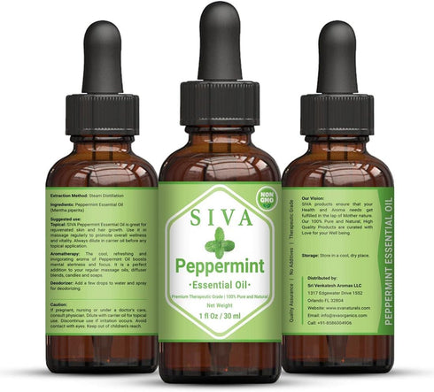 Siva Peppermint Essential Oil 1 oz (30 ml) Premium Essential Oil with Dropper for Diffuser, Aromatherapy, Hair Care, Scalp Massage, & Skin Care...