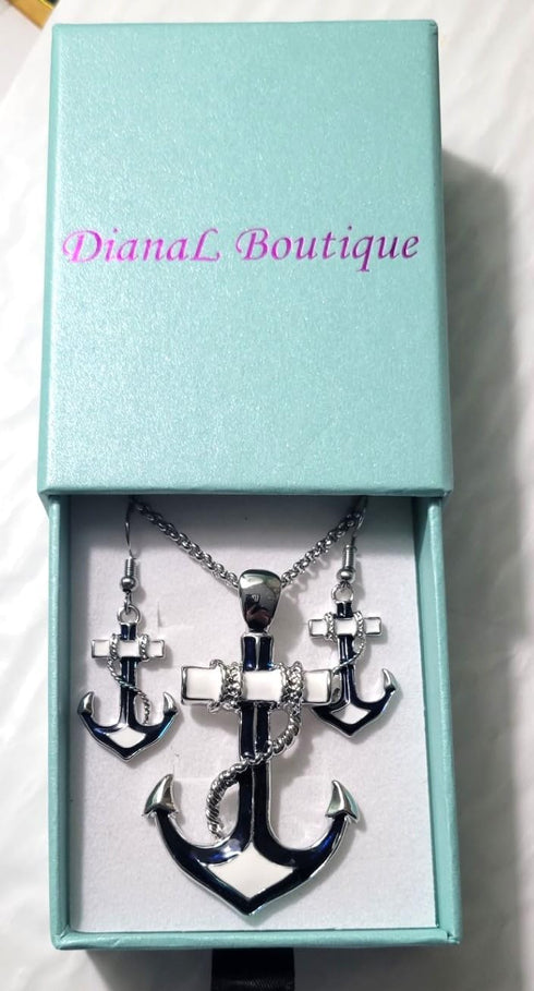 Silvertone Nautical Anchor Pendant Necklace and Earring Set 24" Chain...