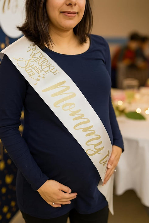 Twinkle Little Star Baby Shower Sash Banner for Mommy to Be White & Gold with Rhinestone Pin...