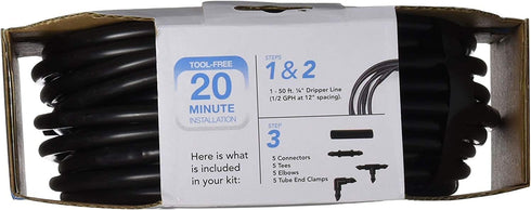 Raindrip R280DT Drip-A-Long™ 1/4 in. Dripline Kit includes 50 feet of 1/4-Inch Dripline preassembled with 1/2 GPH drippers, 5 Barbed Tees, 5 Barbe...