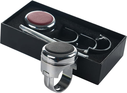 Stainless Steel Steering Wheel Spinner Sport Maneuvering Knob 100% Cow Leather Cover Swivel Suicide Knob Universal Fit for Cars, Trucks, Boats (Bl...