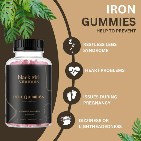 Black Girl Vitamins - Iron Gummies (20 mg), Supports Iron Deficiency & Anemia, Gluten-Free, Gelatin Free, Made in The USA (Grape, 60 Count) 30 Day...