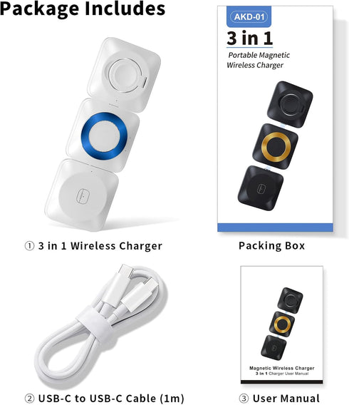 Charging Station for Apple Devices, 3 in 1 Portable Magnetic Wireless Charger, Wireless Charging Pad Compatible with iPhone 15/14/13 Series, AirPo...