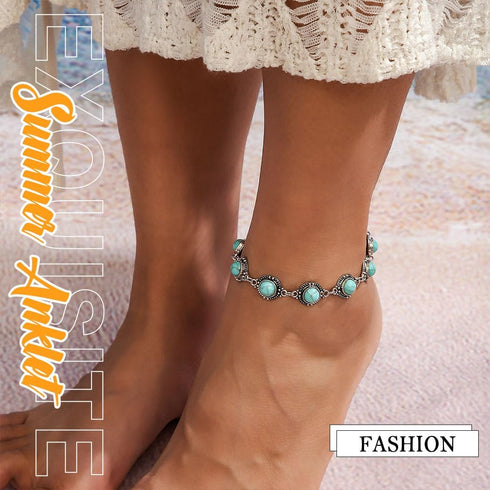 Nicute Boho Turquoise Anklet Silver Vintage Ankle Summer Beach Adjustable Foot Jewelry for Women...