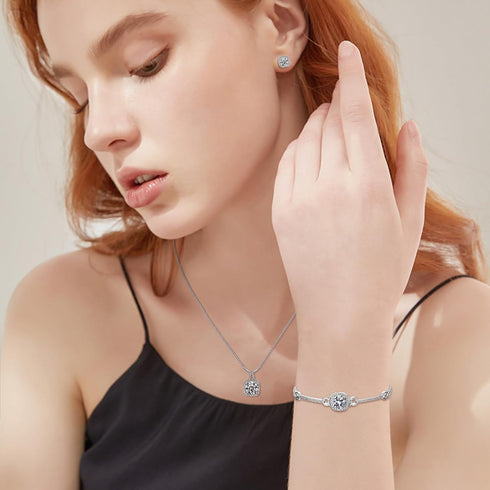 Hadskiss Silver Cubic Zirconia Earrings and Pendant Necklace Link Bracelet Set for Women 14K White Gold Plated Square Wedding Jewelry Sets for Bri...