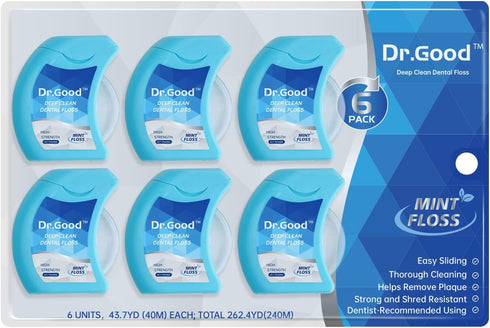 Dr.Good Glide Dental Floss, Deep Clean Mint Dental Floss, Pack of 6, 240M, PTFE & PFAS Free Floss, Small Packaging, Portable, Shred-Resistant Flos...