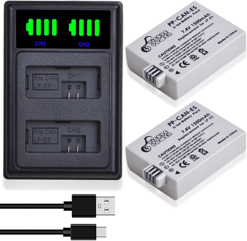 LP-E5 LPE5 LP E5 Battery and Smart LED Display Dual Channel Charger Compatible with Canon EOS Rebel XSi, Rebel T1i, Rebel XS, 1000D, 500D, 450D, K...