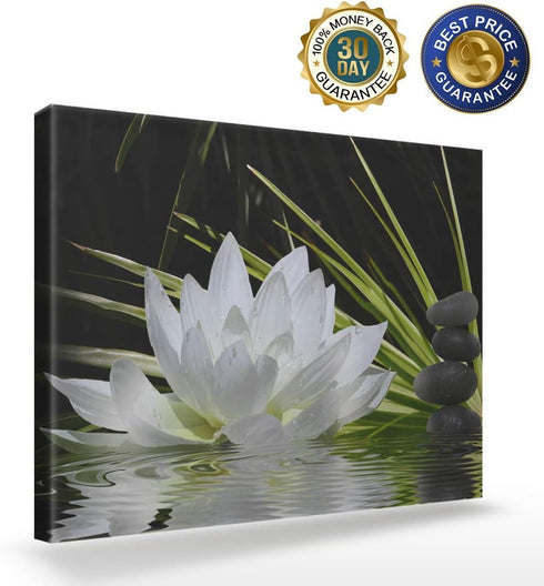 Canvas Wall Art - White Lotus and Black Zen Stones Picture - Modern Wall Decor Gallery Canvas Wraps Giclee Print Stretched and Framed Ready to Han...