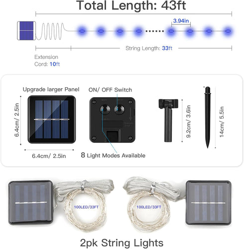 suddus 2 Pack 33ft Solar Fairy String Lights Small, 100 Led Blue Solar Fairy Lights Outdoor, Solar Christmas Lights Copper Wire for Trees Garden P...