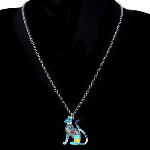 BONSNY Statement Enamel Alloy Chain Cat Necklaces Pendant Original Design For Women Jewelry Gift Charms (Blue)...
