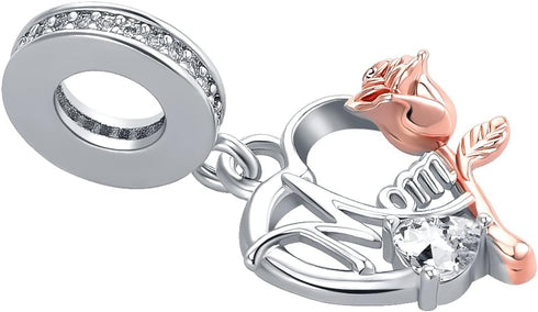 Mom Charm for Pandora Bracelets Women Rose Gold Flower Love Heart Dangle Mother Bead from Daughter Son Birthday...