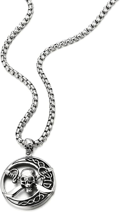 COOLSTEELANDBEYOND Stainless Steel Large Circle Pirate Skull Pendant Necklace for Men, 30 in Chain, Gothic Tribal...