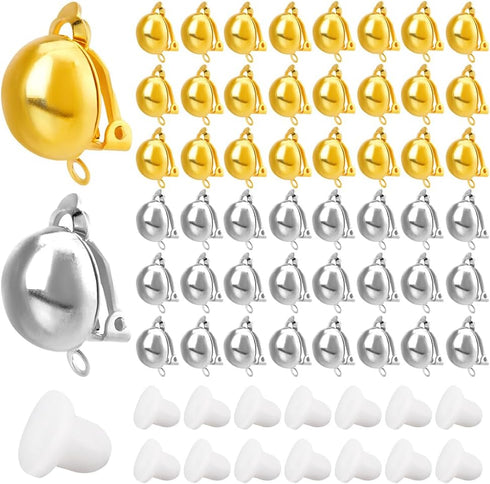 1 Box 40Pcs Earring Converter Brass Clip on Earrings & 40Pcs Ear Cushions Gold Silver Non-Pierced Earrings Components with Loop Jewelry Findings f...