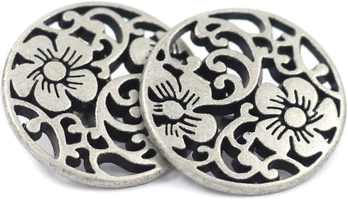 Bezelry 12 Pieces Vine Flower Metal Shank Buttons. 20mm (3/4 inch) (Antique Silver)...