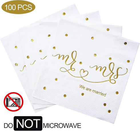 Gexolenu Mr & Mrs Wedding Cocktail Napkins Gold Foil, Dessert Disposable Beverage Paper Napkins for Wedding Shower Party Decorations and table dec...