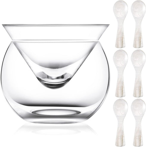 Glass Caviar Chiller Server Set Plus 6 Pcs Caviar Spoons Caviar Serving Set 2.76 to 3.54 Inches Mother of Pearl Spoon Shell Spoon Round Handle, Un...