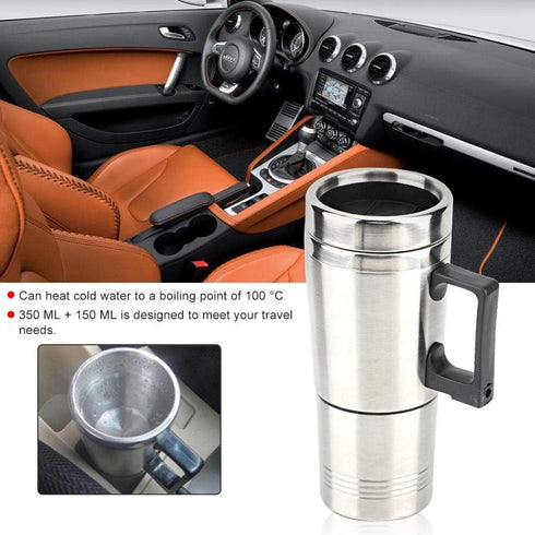 Qiilu Car Electric Kettle, 12V 350ml+150ml Stainless Steel Portable Car Electric Heating Mug Drinking Cup Travel Kettle Water Boiler for Water Tea...
