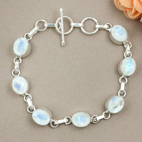 Oval Shape Natural Gemstones Statement Bracelet for Women - 925 Silver Plated Handmade Birthstone Bohemian Vintage Style Women's Jewelry Gifts for...