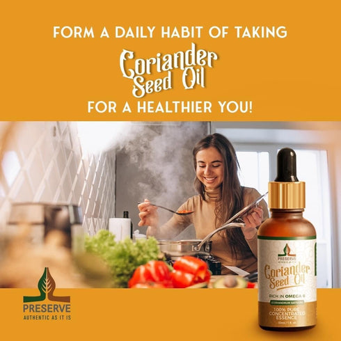 PRESERVE Coriander seed oil 100% pure natural Cold Pressed Concentrated essence oil 30ml (1.oz) Vegan plant based Omega 6 fatty acids Glass Bottle...