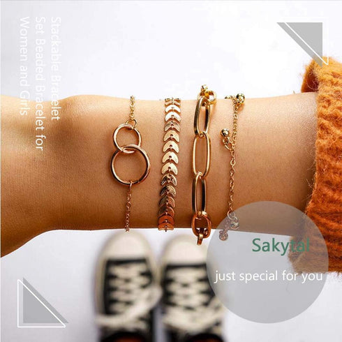 Boho Stackable Circle Bracelet Set Gold Fish Bone Layered Beaded Paperclip Link Bracelet Chain Jewelry for Women(4PCS)...
