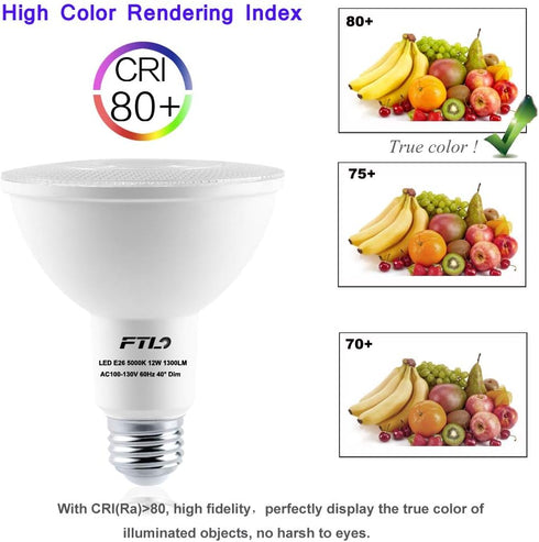 PAR30 LED Flood Light Bulbs Long Neck 5000K Daylight Dimmable 75W Halogen Equivalent 12W E26 1300LM 40 Degree Spotlight for Recessed Can Lighting ...