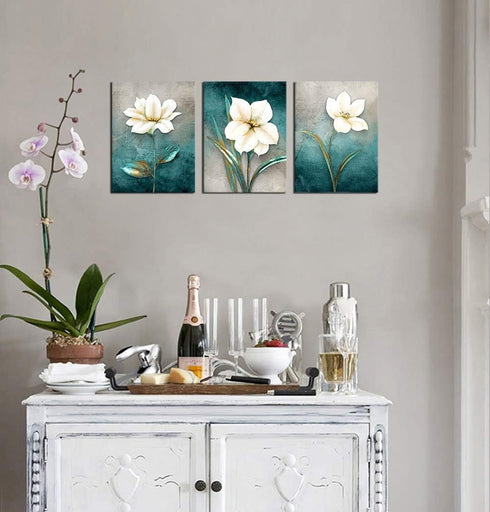 Flower Canvas Wall Art Cream White Floral Wall Decor Turquoise Tealish Grey Background Canvas Picture Modern Rustic Artwork Bathroom Bedroom Livin...