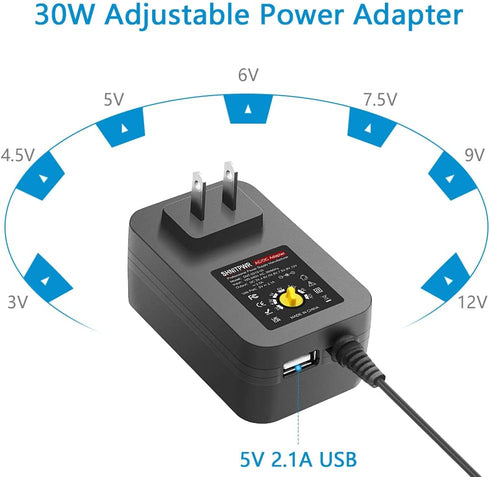 SHNITPWR 30W Universal Power Supply 3V 4.5V 5V 6V 7.5V 9V 12V Adjustable Variable AC/DC Adapter with 5V 2.1A USB Port, 100V-240V AC to DC 3V~12V C...