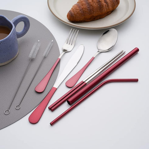 Travel Utensils with Case?Reusable Travel Cutlery Set with Case Stainless Steel Flatware Set for Camping 8pcs Including Dinner Knife Fork Spoon Ch...