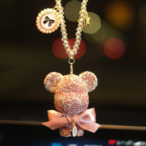 Cute Bling Bear Rear View Mirror Hanging Accessories Sparkle Hanging Ornaments Diamond Bear Charms for Car Mirror (Pink)...