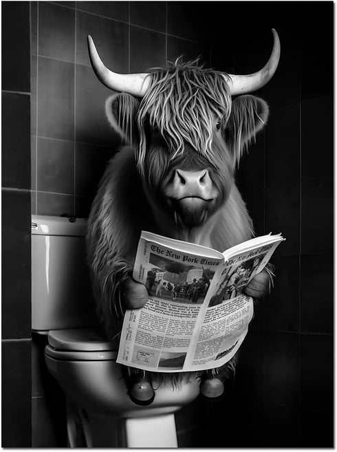 Black and White Animal Farmhouse Wall Art Highland Cow Reading Newspaper on Toilet Bowl Canvas Print Fun Art Poster for Wall Bathroom Canvas Paint...