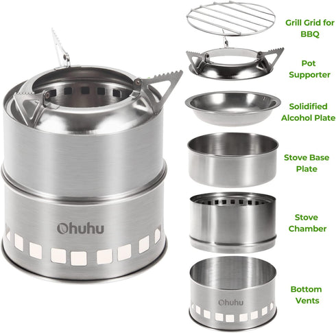 Camp Stove, Ohuhu Camping Stove Wood Burning Stove Stainless Steel Mini Portable Backpacking Survival Stoves for Picnic BBQ Camping Hiking Cooking...