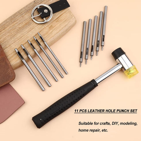 10 Pcs Leather Hole Punch Tool Set, 0.5mm-3.5mm Round Hole Punch Working Tools with Double Head Plastic and Rubber Hammer for Leather Belts, Canva...