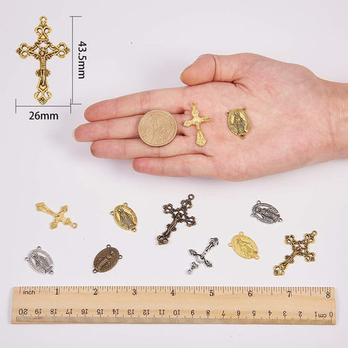 SUNNYCLUE Tibetan Style Rosary Cross Charms and Center Miraculous Medal Easter Vintage Cross Crucifix Pendants Oval Chandelier Links Bronze Connec...