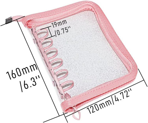 Clear A7 Binder Wallet with Zipper, Pink 6 Ring Glitter Budget Binder Loose Leaf Zip Up Binder Cover for Cash Envelopes System, Photocard Album, J...