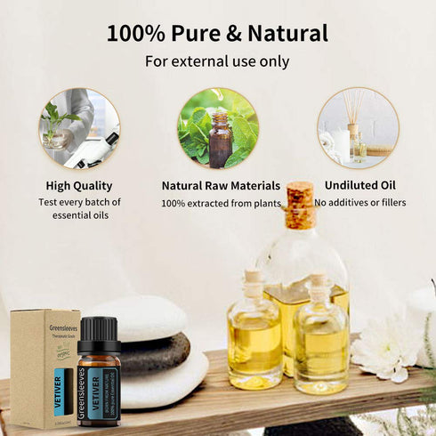 GREENSLEEVES Vetiver Essential Oil, Pure Organic Diffuser Oil 10ml for Massage...