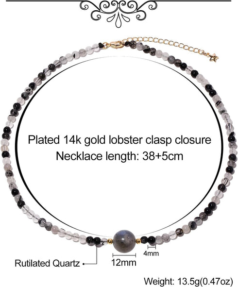 Black Rutilated Quartz/Moonstone Beaded Necklace Protection Necklaces for Women Spiritual Jewelry Choker Love Gifts for Her...