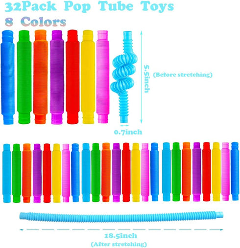 32Pack Pop Tubes, Fidget Tubes for Children and Adult Sensory Fidget Toy Set for Stress and Anxiety Relief Educational Learning Toys for Kids...