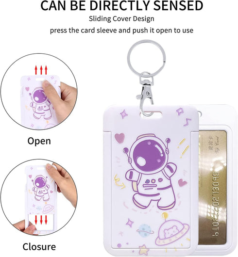 Fycyko Compatible with AirPods 2 Case Clear Cute Cartoon Rabbit Keychain Protective Cover Space Astronaut Purple Pattern Card Cover Credit Card ID...