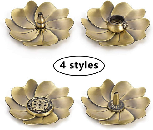 Sakura Flower Incense Holder, 5PCS Bronze Incense Burner Holder with Silk Pouch, Bowl-Shape, Lotus Multihole, Cone Shape and Gourd-Shape Ash Catch...