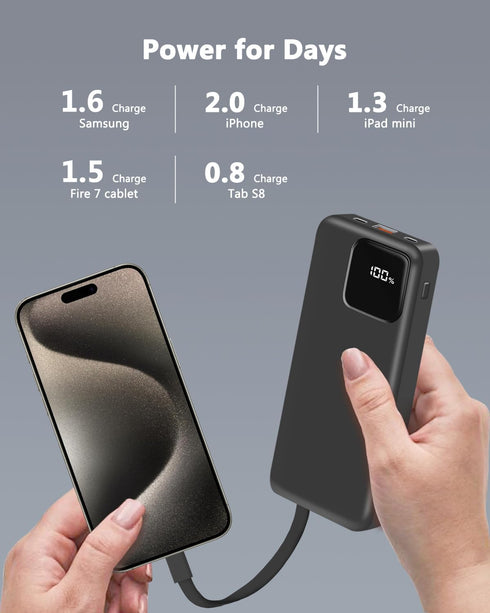Portable Charger, 10000mAh Power Bank with 2 Built-in Cables, 22.5W Fast Charging with Screen, Travel Battery Pack for i Phone, i Pad, Samsung, Go...