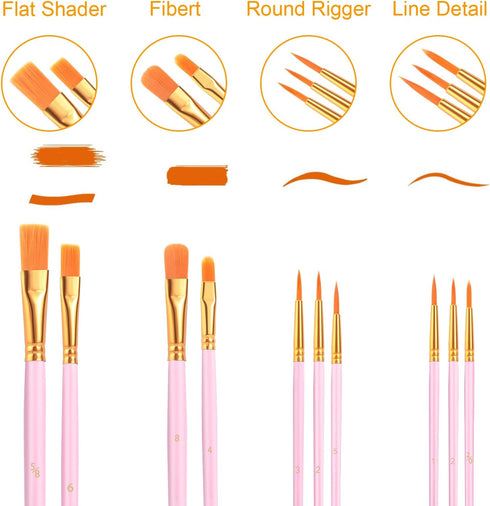 AROIC Acrylic Paint Brushes, 6 Packs/60 pcs Nylon Hair Paint Brush Set for All Purpose Oil Watercolor Painting Artist Professional Kits (Pink)...
