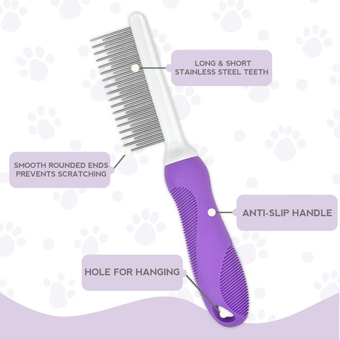 Detangling Pet Comb for Dog & Cat, Grooming Comb with Long & Short Stainless Steel Teeth, Safely Remove Knots & Tangles for Healthy Shiny Coat, Ge...