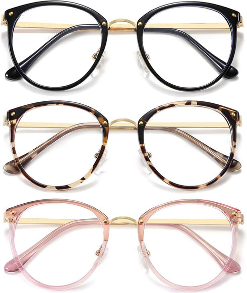 (3 Pack Blue Light Blocking Glasses Women and Man Computer Eyeglasses Metal Frame Glasses (Black, leopard, pink)...