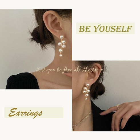 Long Pearl Tassel Drop Earrings Multi Beaded Cluster Chandelier Pearls Dangle Earrings Gold Pearl Chain Earrings Statement Bridal Pearl Earrings J...