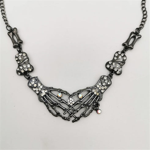 Halloween Gothic Skeleton Hand Guillotine Skull Dangle Drop Earring Rhinestone Bead Claw Palm Choker Collar Necklace for Women Punk Rock Cosplay H...