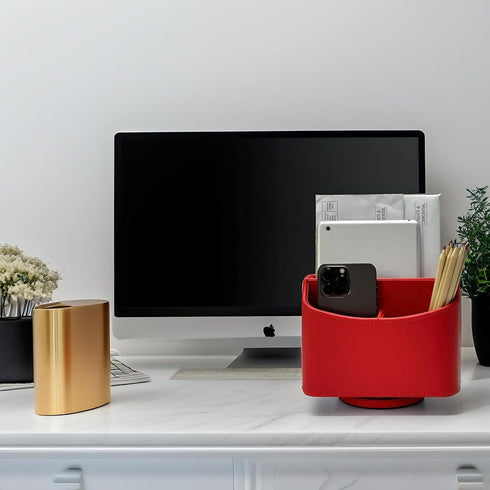 UnionBasic Rotating Desk Organizer, 360 Degree Desk Spinning Caddy, Desktop TV Guide/Mail/Media/Remote Controller Holder Organizer, Red...