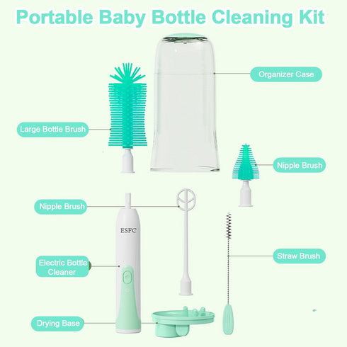 Portable Electric Baby Bottle Brush Cleaner Kit With Automatic Electric Bottle Brush,Nipple/Straw Cleaner,Electric Stirrer and Drying Rack,Waterpr...