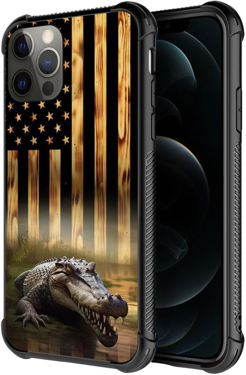 TnXee Case Compatible with iPhone 12 Pro Max Case, Wood Grain American Flag Alligator Pattern Design case for iPhone 12 Pro Max Cases for Mans Wom...